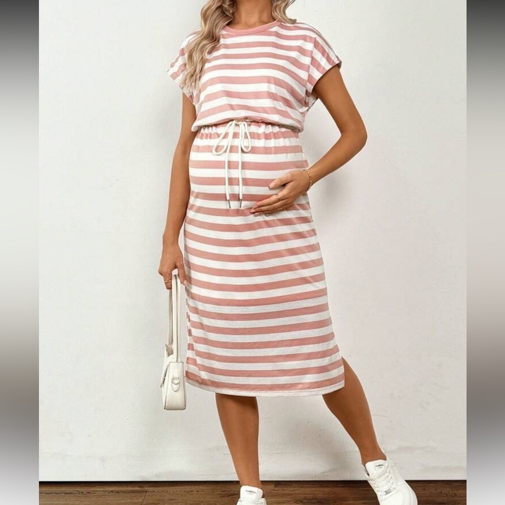 SHEIN Maternity Striped Drop Shoulder Drawstring Waist Split Midi Dress